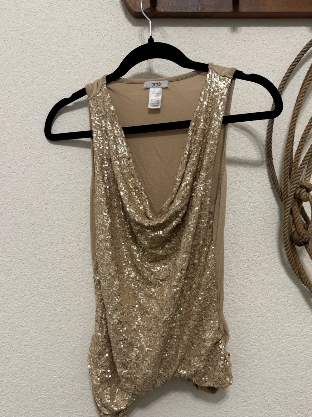 Cache Gold Sequin Draped Cowl Tank